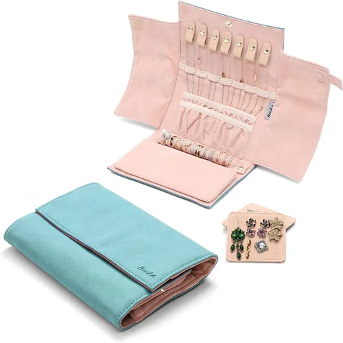 Miniatura 5 de Becko - Organizador de joyas para múltiples collares anillos pulseras de piel flexible y gamuza gran capacidad sin arrugas ligero portátil