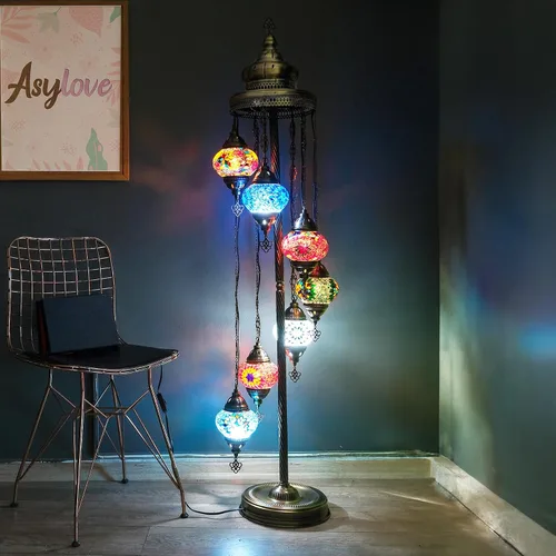 Miniatura 9 de Asylove Lámpara de pie turca, lámpara marroquí de mosaico de 7 globos, iluminación de piso para sala de estar, decorativa para el hogar, diseños