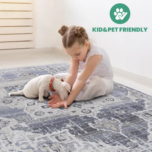 Miniatura 7 de NAAR PAYAS Collection - Alfombra de área de 6 x 9 pies, diseño de medallón crema y azul, no se desprende, resistente a las manchas, para sala