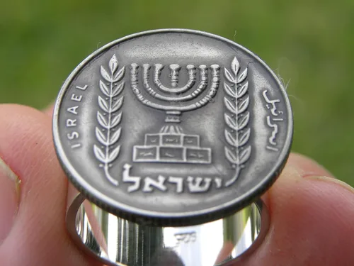 Jewish men women signet ring authentic Israel Menorah 1/2 Lira coin sterling silver band nice gift Hanukkah Bar & Bat Mitzvah