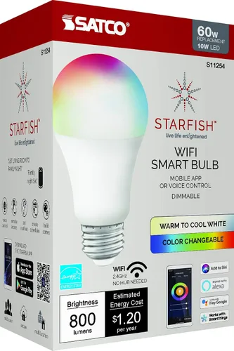 Miniatura 8 de Satco S11254 Starfish - Bombilla LED inteligente A19 de 10 vatios que cambia de color, funciona con Siri, Alexa, Google Assistant, SmartThings