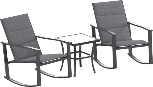 Flash Furniture Brazos - Juego de 3 sillas mecedoras para exteriores con material Flex Comfort y mesa superior de vidrio con marco de metal, color