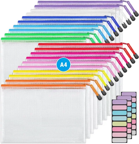 JARLINK Paquete de 20 bolsas de malla con cremallera de 10 colores, tamaño carta/tamaño A4, bolsas de plástico resistentes al agua, para suministros