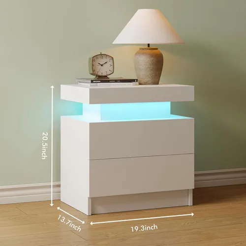 Miniatura 2 de Mesita de noche LED blanca moderna, mesa de cabecera para dormitorio, mesa auxiliar con 2 cajones de madera Blanco profundo