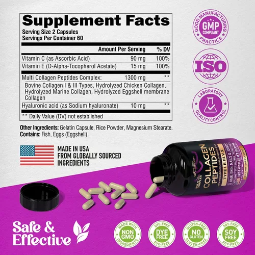 Miniatura 7 de Péptidos de colágeno múltiple – Tipos hidrolizados I, II, III, V y X – Suplemento de colágeno para mujeres 1300mg – con ácido hialurónico, vitaminas