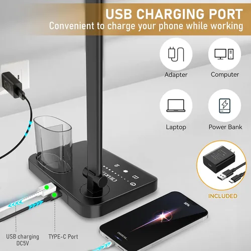Miniatura 4 de CHARYJOD Lámpara de escritorio LED retráctil regulable con puerto de carga USB, 50 modos de iluminación, brazo doble oscilante, arquitecto, lámpara