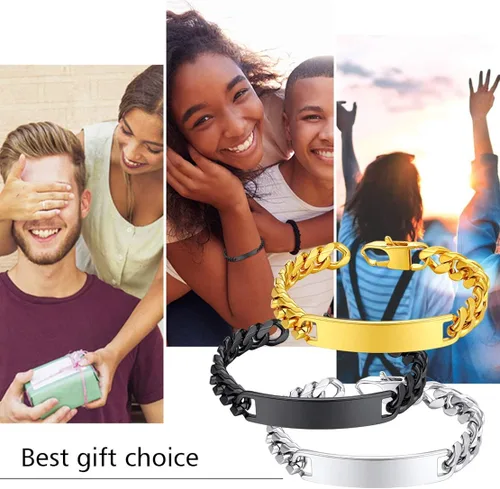 Miniatura 5 de FindChic Pulseras de identificación personalizadas con barra de nombre para hombres y mujeres, chapadas en oro de 18 quilatesacero inoxidablenegro