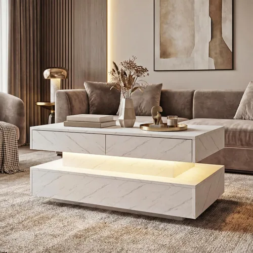 Miniatura 8 de Mesa de centro para sala de estar, mesa de centro moderna con 2 cajones de almacenamiento, mesa central de 2 niveles de madera con luces LED de 20
