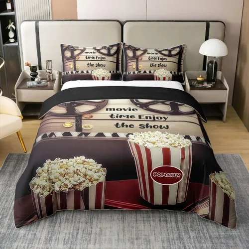 Homewish Theater Cinema Poster 100% Cotton Duvet Cover Twin Size,Retro Movie Bedding Set 2Pcs for Kids Girls Boys Room Decor,Popcorn Comforter Cover