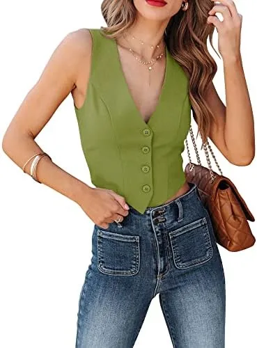 Sunborui Chalecos sin mangas con botones para mujer, totalmente forrados, cuello en V, chaqueta ajustada regular