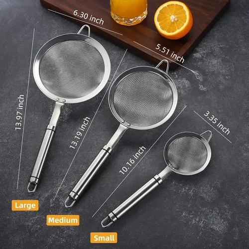 Miniatura 6 de Coladores de malla fina de acero inoxidable 304 de 3.35 pulgadas para cocina, colador con asa, tamices de metal para alimentos, arroz, aceite