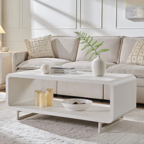 Miniatura 9 de IFGET Mesa de Centro Moderna de 48", Mesa Central Minimalista de 2 Niveles con Estante de Almacenamiento, Diseño de Perfil Curvo, Mesa Rectangular
