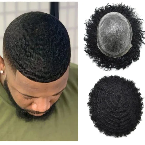 Miniatura 7 de Unidades de cabello para hombres negros Afro Toupee para hombres negros, piel de polietileno completa, inyección de PU, 100% cabello humano, unidad