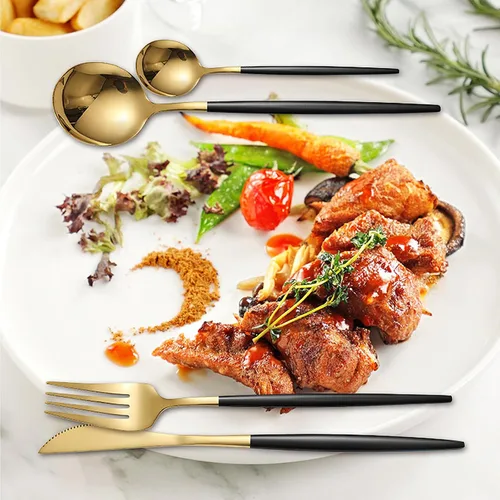 Miniatura 2 de Kawlity Cubiertos de acero inoxidable duraderos negros y dorados pulidos, cucharas, tenedores, 30 piezas, utensilios de mesa, para cocina