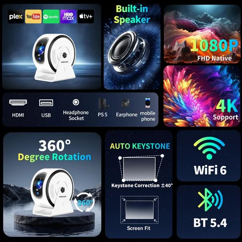 Miniatura 2 de Mini proyector 4K 1080P [aplicaciones integradas] Proyector actualizado 2026 portátil, enfoque automático y auto Keystone giratorio de 360°