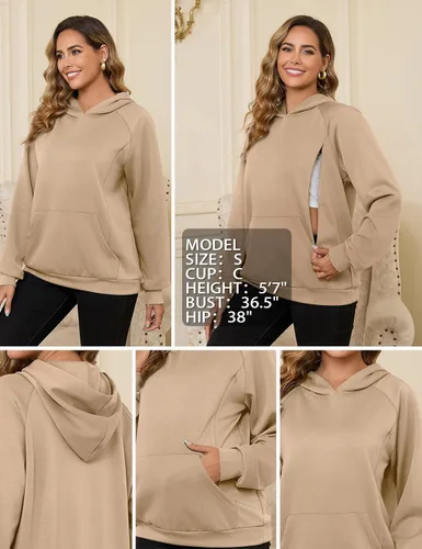 Miniatura 5 de Bhome Sudadera de lactancia con capucha para lactancia materna con cremalleras ocultas, bolsillo de canguro