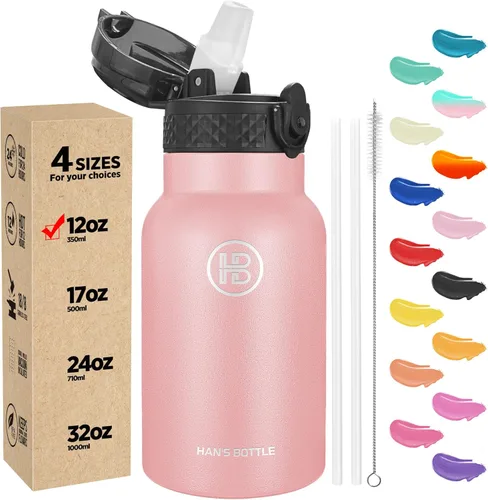 Miniatura 60 de Han's Bottle - Botella de agua para niños con tapa con pajilla - Vaso reutilizable de acero inoxidable aislado para niñas, niños, taza termo, 17