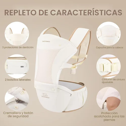 Miniatura 3 de Portabebés Bebamour con asiento de cadera, malla transpirable para todas las posiciones en el asiento de cadera y portabebés de 0 a 36 meses