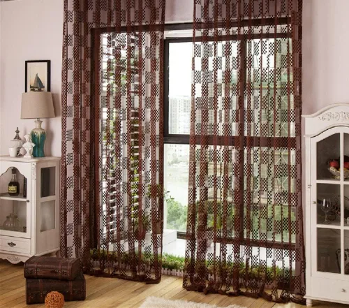 Jacquard Hollow Out Offset Plaid Sheer Curtains Rod Pocket Tulle for Living Dining Room Bedroom(1 Panel, W 54 x L 63 inch, Brown)