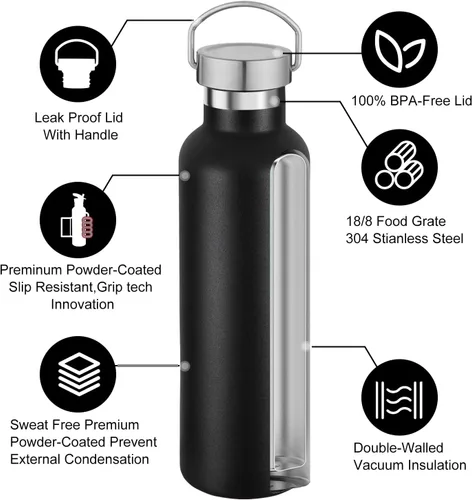 Miniatura 5 de Volhoply 24 onzas Botella de agua aislada con boca estándar con tapa de combinación de plástico y acero inoxidable, botellas de agua de 304 18/8