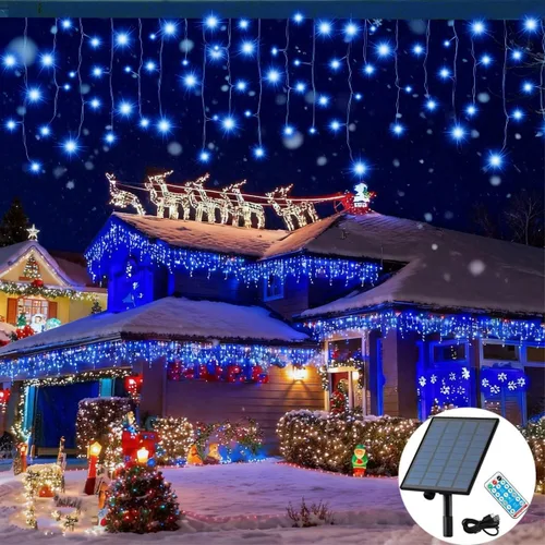 Luces solares de Navidad de 320 LED, luces de cortina impermeables para decoraciones navideñas al aire libre, 29.5 pies, 60 gotas, 8 modos, luces de