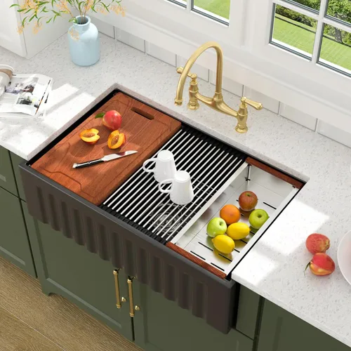 Miniatura 25 de Lordear Fregadero de Cocina Estilo Granja de 36 Pulgadas Blanco de Arcilla Refractaria Porcelana Cerámica Tazón Único Frente de Delantal Fregadero