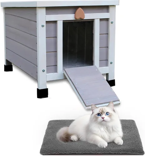 Miniatura 10 de Rockever Casa para gatos al aire libre, casa aislada para gatos al aire libre con forro cálido para invierno, jaula de conejo, refugio exterior