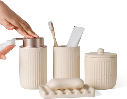 BosilunLife Juego de accesorios de baño, juego de cerámica para decoración de baño, dispensador de jabón de espuma y soporte para cepillos de