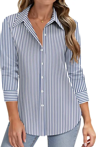 Miniatura 17 de HOTOUCH Camisas de manga larga con botones para mujer, camisas de vestir con protección contra manchas, ajuste delgado, blusas de trabajo, oficina