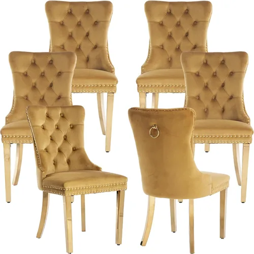 Miniatura 162 de ODUSE-DAILY - Juego de 4 sillas de cocina y comedor de terciopelo beige, tapizadas en tela, respaldo alto con alas, anilla metálica, estructura