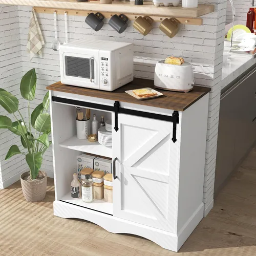 Miniatura 4 de Hlivelood Gabinete de bar de café de granja, gabinete de almacenamiento de buffet blanco con puerta corrediza de granero, aparador de cocina de 31.5