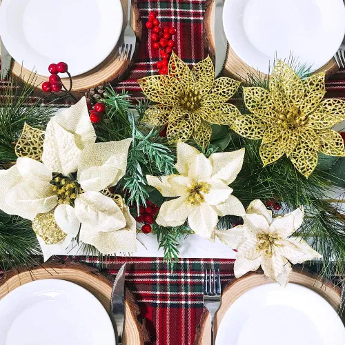 Miniatura 6 de Supla Paquete de 24 piezas de flores de Pascua doradas con purpurina dorada para árbol de Navidad, adornos de 5.9 pulgadas de ancho para coronas