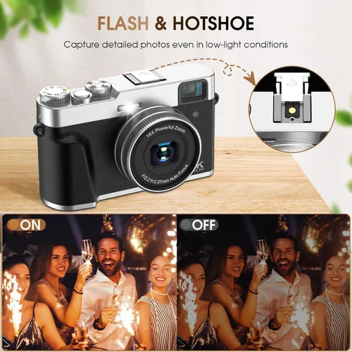 Miniatura 6 de Cámara digital 4K con tarjeta SD, cámara de apuntar y disparar de 48 MP con visor de flash y dial, cámara de vlogging antivibración, zoom 16X, 2