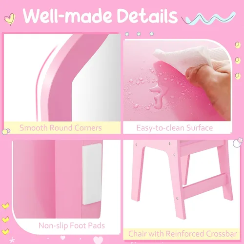 Miniatura 4 de Costzon Tocador para Niños, Juego de Escritorio y Silla de Maquillaje de Princesa 2 en 1 con Espejo Tri-Plegable, 4 Cubos de Almacenamiento, Mesa