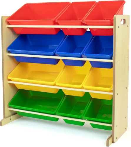 Miniatura 13 de Humble Crew Organizador de almacenamiento de juguetes para niños con 12 cubos de plástico, madera natural/aguamarina, contenedores extraíbles