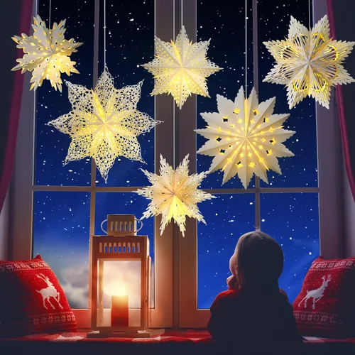 Miniatura 6 de Mudder 10 piezas de linterna de papel copo de nieve, linterna de papel estrella con 14 luces LED, lámpara de papel, decoración colgante de fiesta