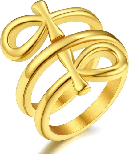 ChainsProMax Puede grabar anillos de cruz Ankh para hombres y mujeres, anillo de mitología de joyería egipcia, acero inoxidable, chapado en oro,