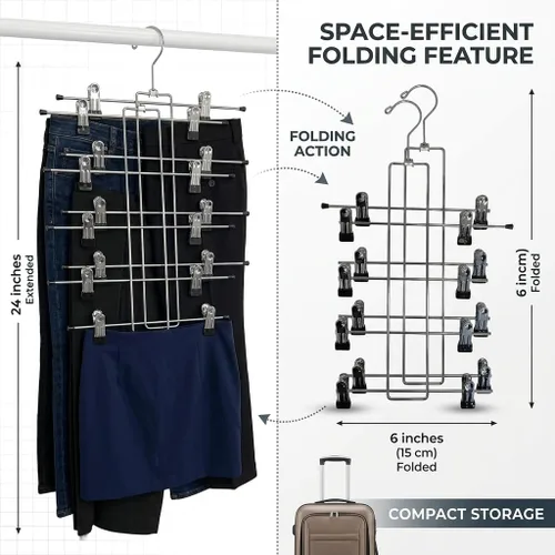 Miniatura 5 de Perchas para pantalones y faldas que ahorran espacio, resistentes de 5 niveles, paquete de 3 perchas de metal, perchas de acero inoxidable con clips