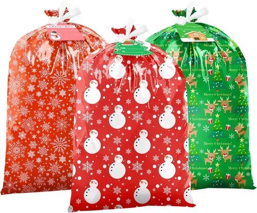 TranquilBliss - Bolsas grandes de regalo de Navidad 3 bolsas extragrandes de 44"x36" Bolsas de regalo de Navidad de gran tamaño con etiqueta y lazo,