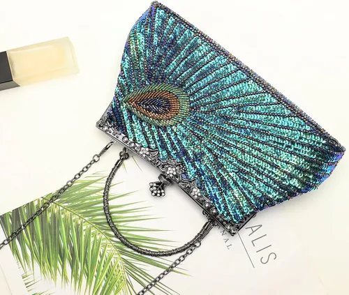 Miniatura 7 de UBORSE Bolsos de embrague de noche de pavo real con lentejuelas con cuentas Bolso de noche vintage Bolso de boda de fiesta de 1920