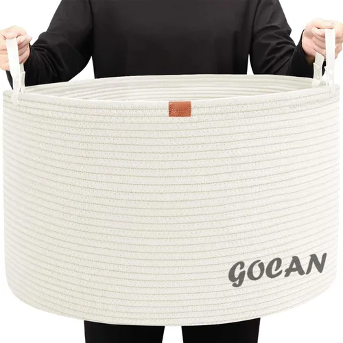 Miniatura 18 de GOCAN Cesta de almacenamiento extragrande para lavandería, 22 x 22 x 14 pulgadas, cesta tejida de cuerda de algodón para manta con asas para sala