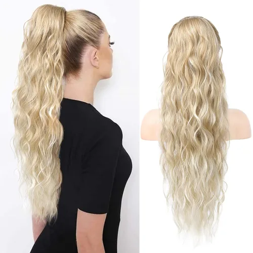 Miniatura 14 de HOOJIH Extensión de cola de caballo, extensiones de cabello con cordón para cola de caballo de 26 pulgadas de largo, pelo rizado y ondulado natural