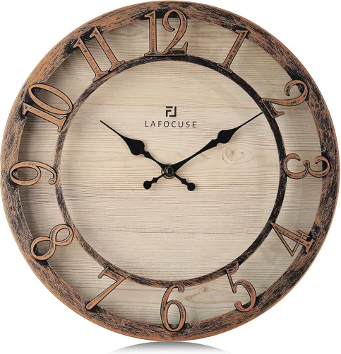 Lafocuse Relojes de pared silenciosos de 12 pulgadas en color marrón, relojes de pared de granja operados con pilas, analógicos para cocina y sala