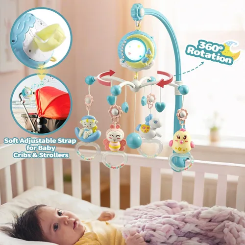 Miniatura 5 de Mini Tudou Cuna móvil musical para bebé con música y luces, función de temporizador, proyección, sonajero para llevar y caja de música para bebés
