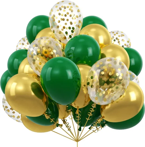 Kelfara Globos verdes y dorados, 50 globos de látex de confeti verde metálico dorado de 12 pulgadas con cinta para Navidad, día de San Patricio, Año