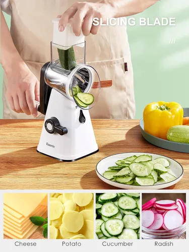 Miniatura 5 de Reemix - Rallador rotativo de queso con asa, triturador de queso vegetal para cocina, 3 cuchillas intercambiables para queso, papa, calabacín, Blanco