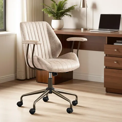 Miniatura 13 de ovios Silla de oficina en casa, sillas ergonómicas de piel sintética de mediados de siglo, respaldo medio, cómodo sillón ejecutivo giratorio