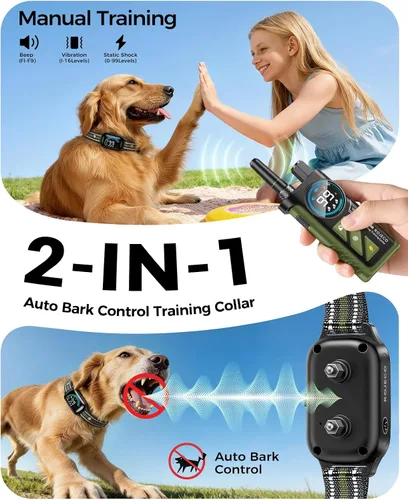 Miniatura 2 de Rojeco Collar de choque de perro 2 en 1 y collar de ladrido de perro, collar de perro remoto de 3300 pies con resistencia al agua IPX7, modos