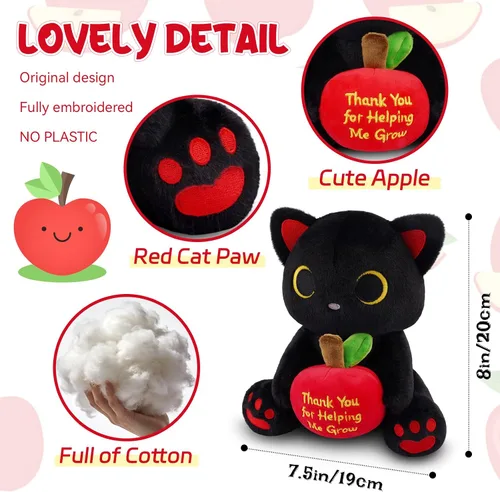 Miniatura 5 de Peluche de gato negro con manzana roja, regalo de agradecimiento para profesores, agradecimiento por ayudarme a crecer, bonito peluche de gato de 8