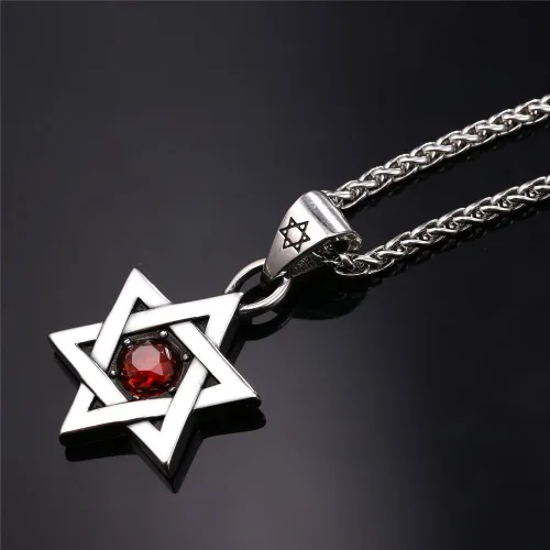 Miniatura 23 de U7 - Collar con Estrella de David para hombres y mujeres, dije hexagonal de acero inoxidable con cruz/piedra de rubí/collares clásicos judíos